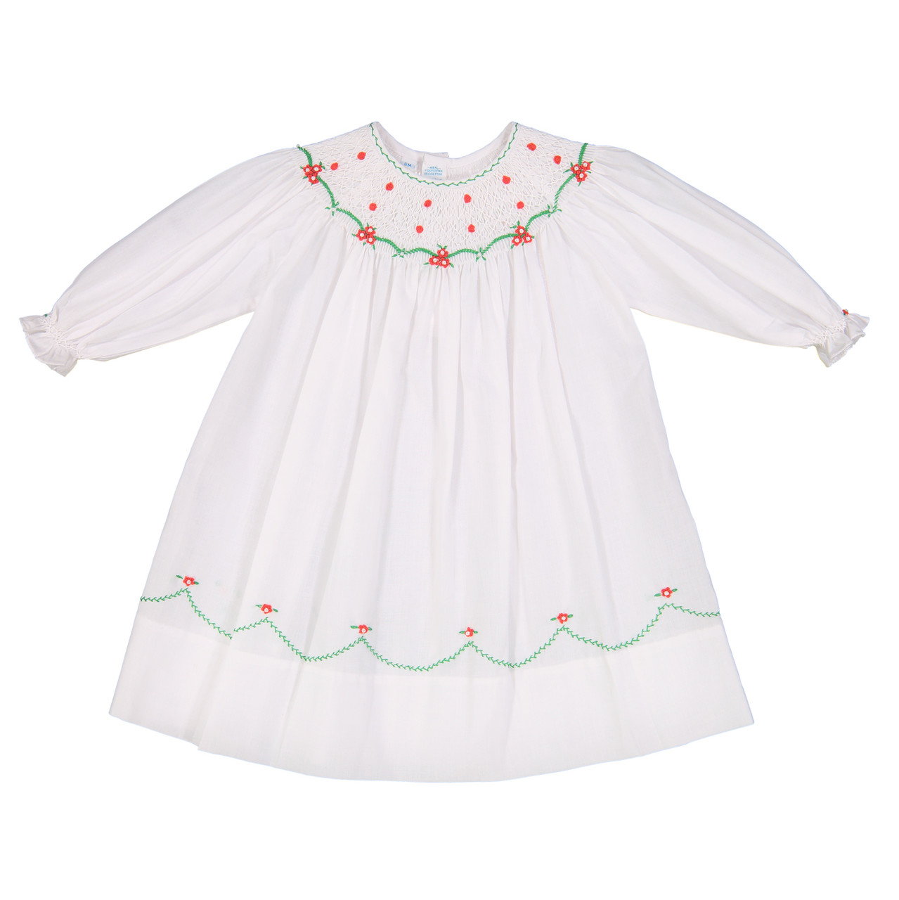 Long Sleeve Holiday Pearl Flower Bishop Dress in White, Size: 18 Months by Feltman Brothers
