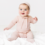 Scalloped Trim Ribbed Knit Romper & Bonnet Pink/Blue