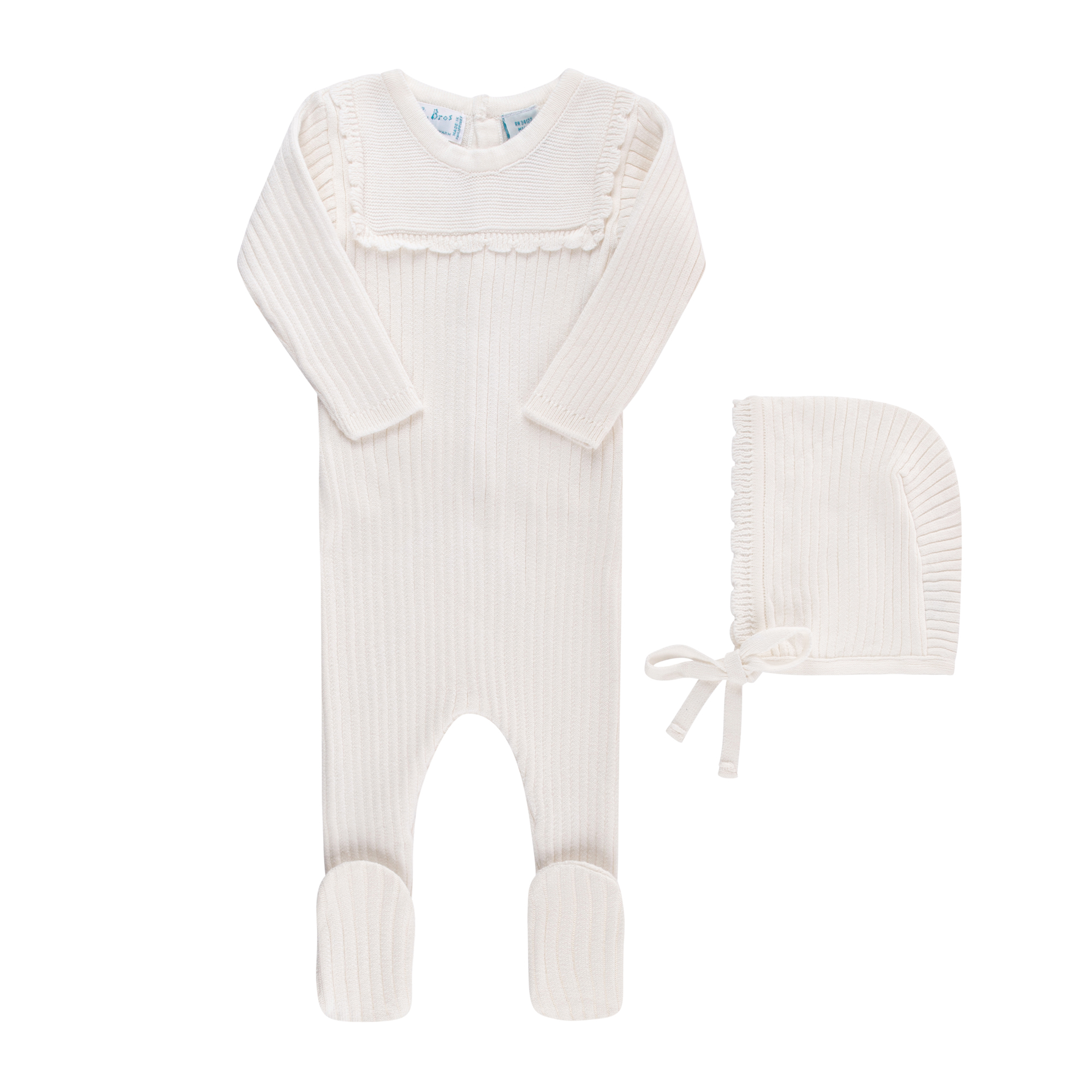 Scallop Trimmed Rib Knit Romper & Bonnet I Newborn Layette