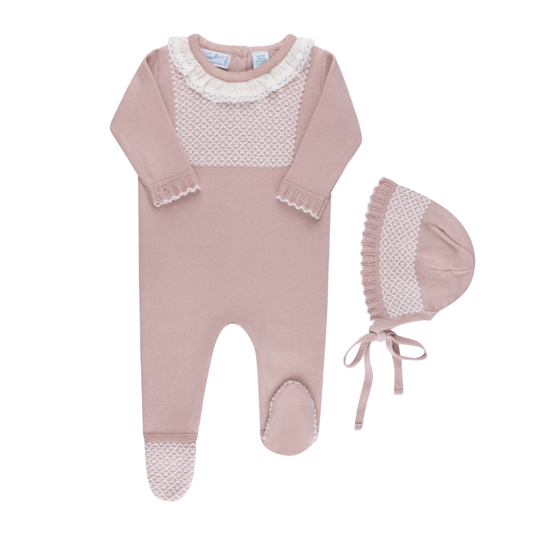 Girls Jacquard Ruffled Knit Romper & Bonnet I Newborn