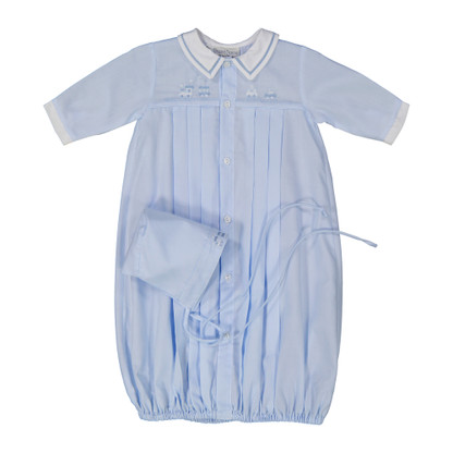 Train Pleated Take Me Home Gown with Hat | Feltman Brothers