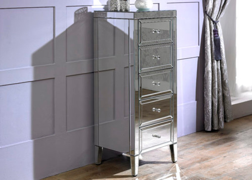 Valencia Mirrored 5 Drawer Narrow Chest of Drawers