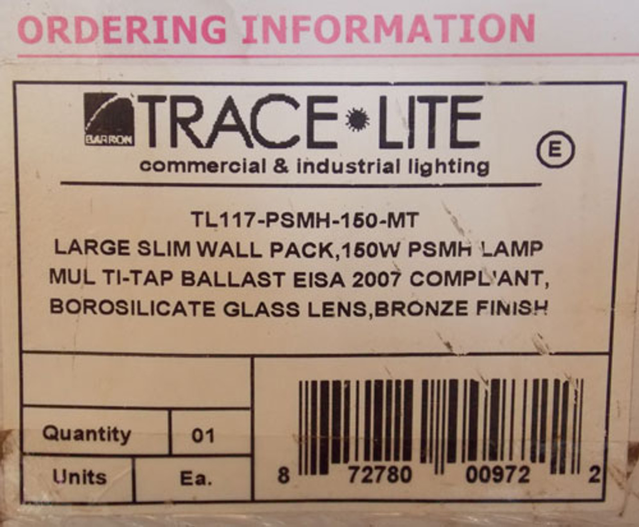 Barron Trace Lite TL117 150W Wall Pack Pulse Start Metal Halide Multi Volt - New