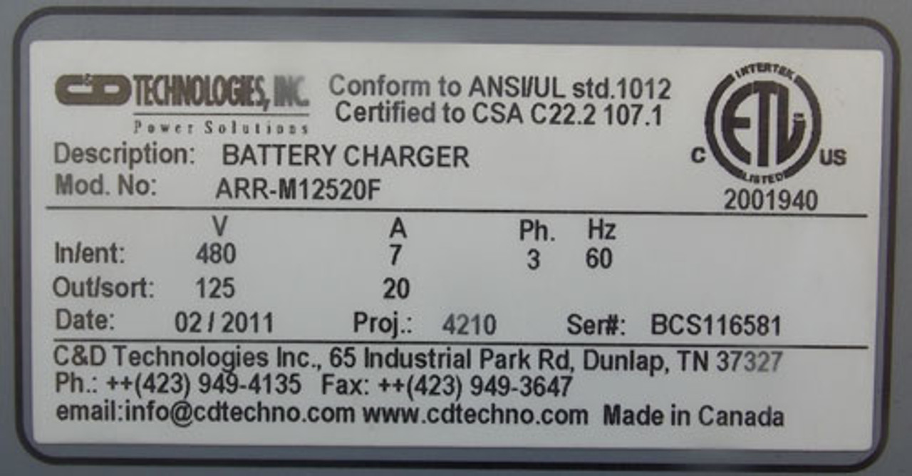 C&D Technologies ARR-M12520F 480V-In 125V-Out 3PH Battery Charger N1 - Used