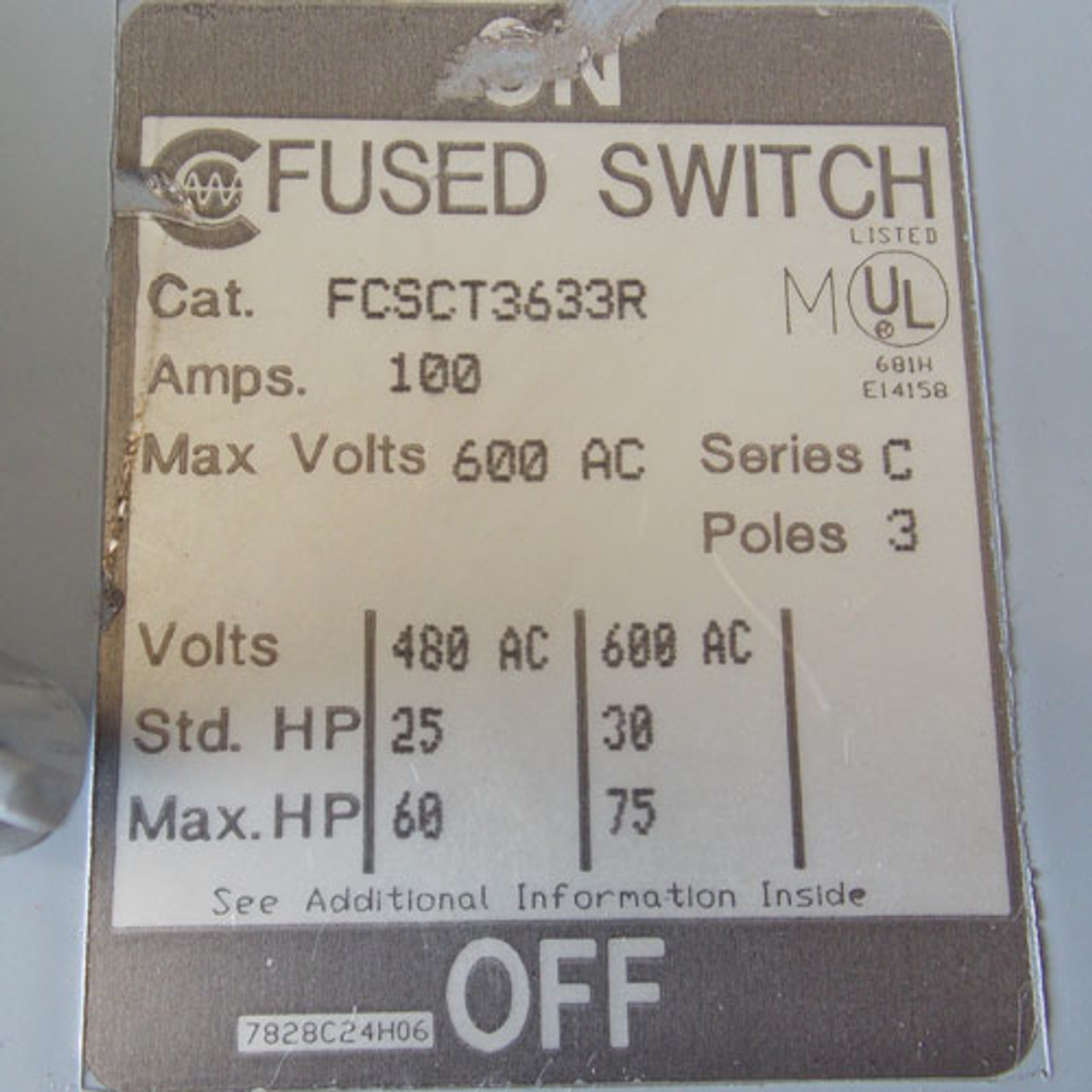 Challenger FCSCT3633R 100 Amp 3PH 600V Fusible Twin Panel Switch - Reconditioned