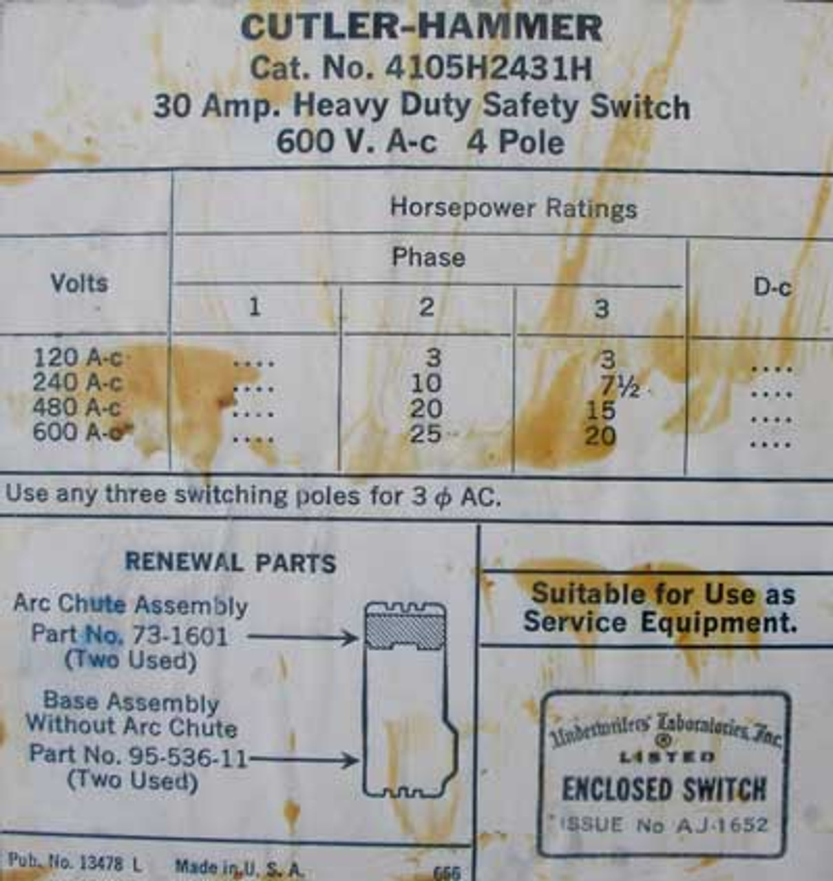 Cutler Hammer 4105H2431H Heavy Duty Safety Switch 4P 30A 600V 20HP