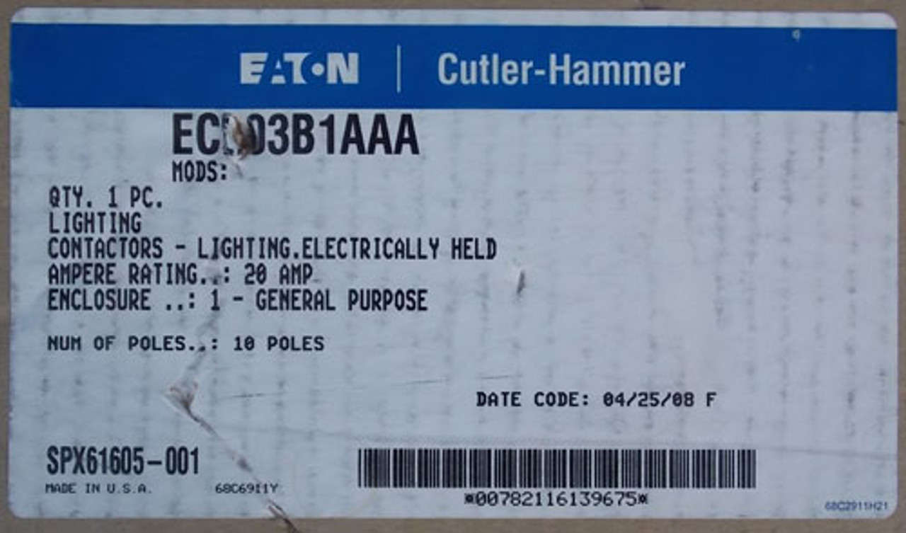 Cutler Hammer ECL03B1AAA 20Amp 10 Pole 120V Coil Lighting Contactor N1