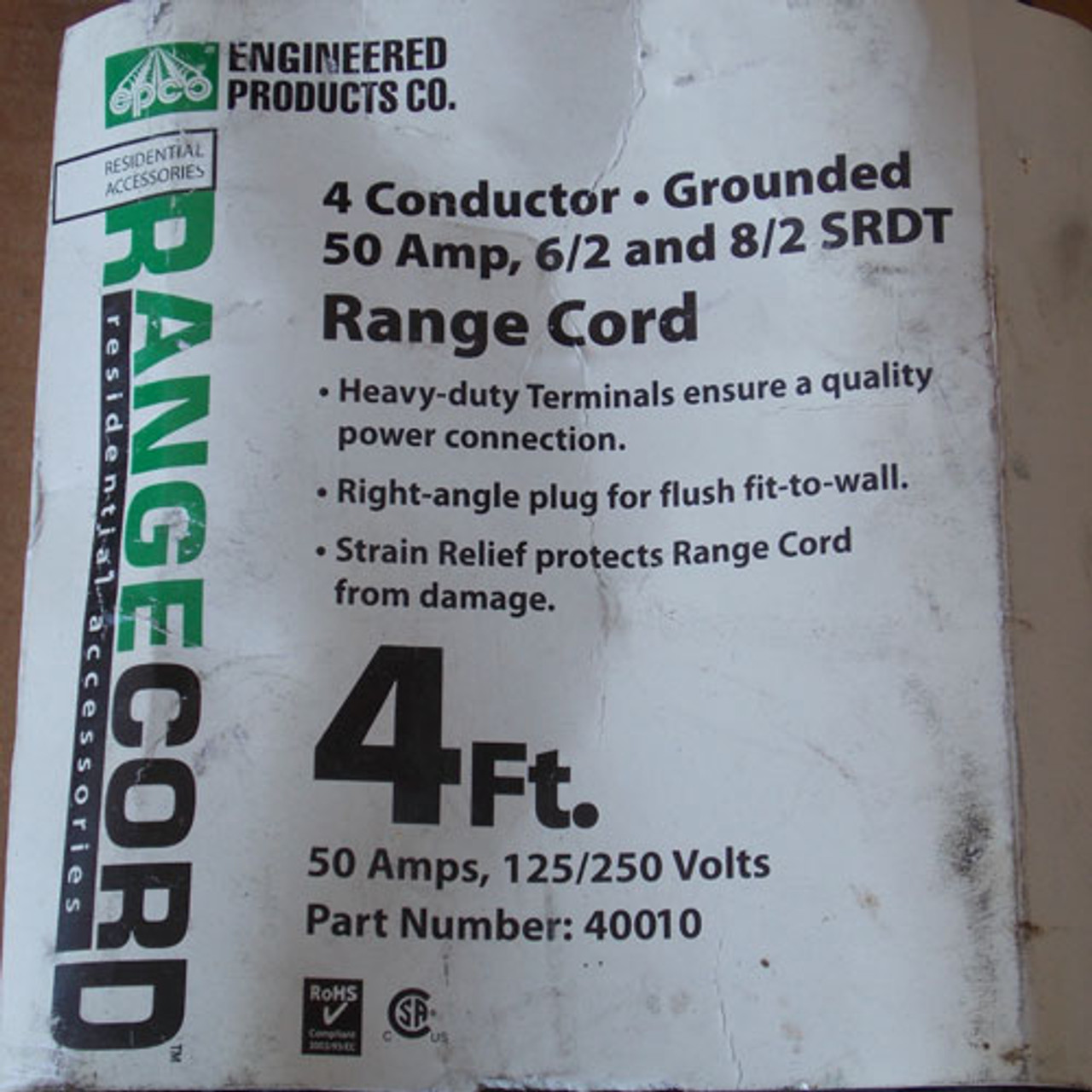 Engineered Products 40010 4Ft Range Cord 50A,125/250V 4 Conductor-Grounded