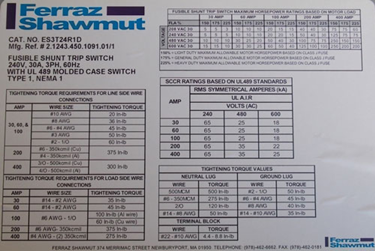 Ferraz Shawmut ES3T24R1D Fusible Shunt Trip Switch 30A 240V 3PH Nema 1 - New