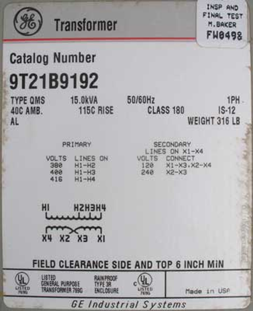 GE 9T21B9192 - 15.0 KVA 380 TO 120/240 Volt 1PH Transformer - New