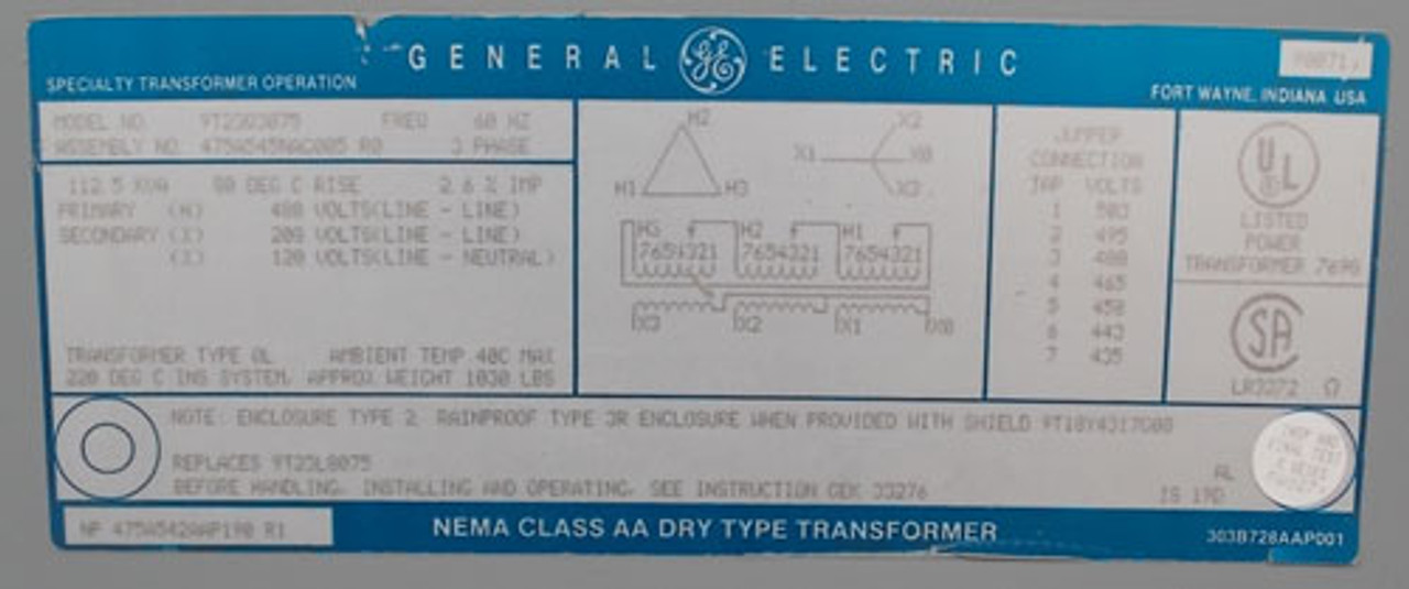 GE 9T23Q3075 112.5 KVA 480 to 208/120V 3PH Transformer N1 - Reconditioned