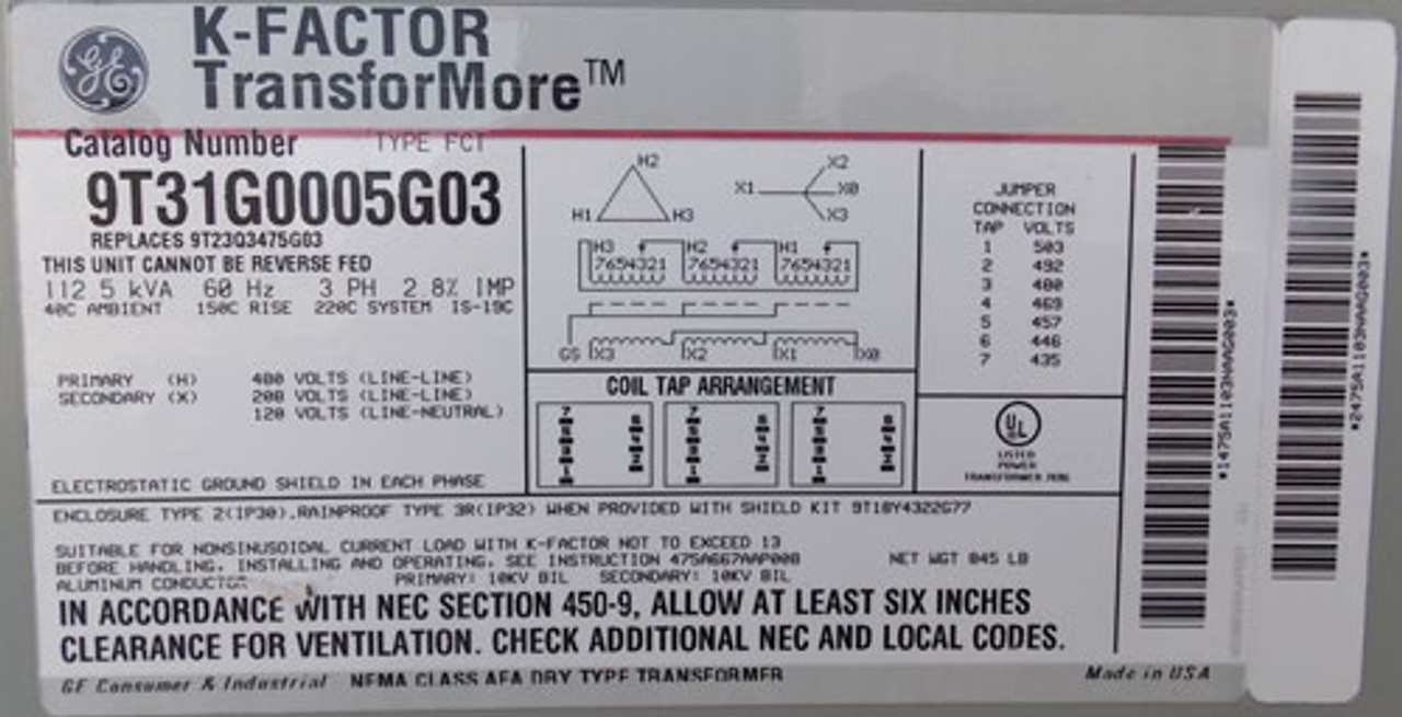 GE 9T31G0005G03 112.5 KVA 480 to 208/120V 3PH K-Factor Transformer N1 - Reconditioned