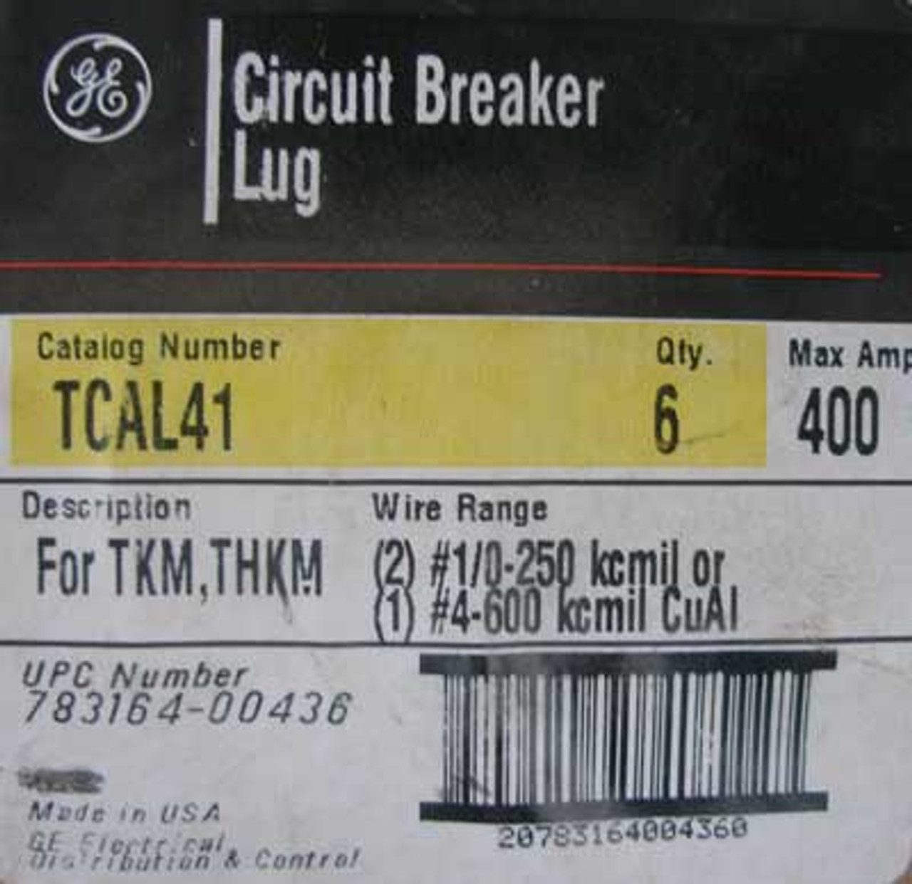 GE TCAL41 Circuit Breaker Lug for TKM & THKM, 400 Amp (Box of 6) - New