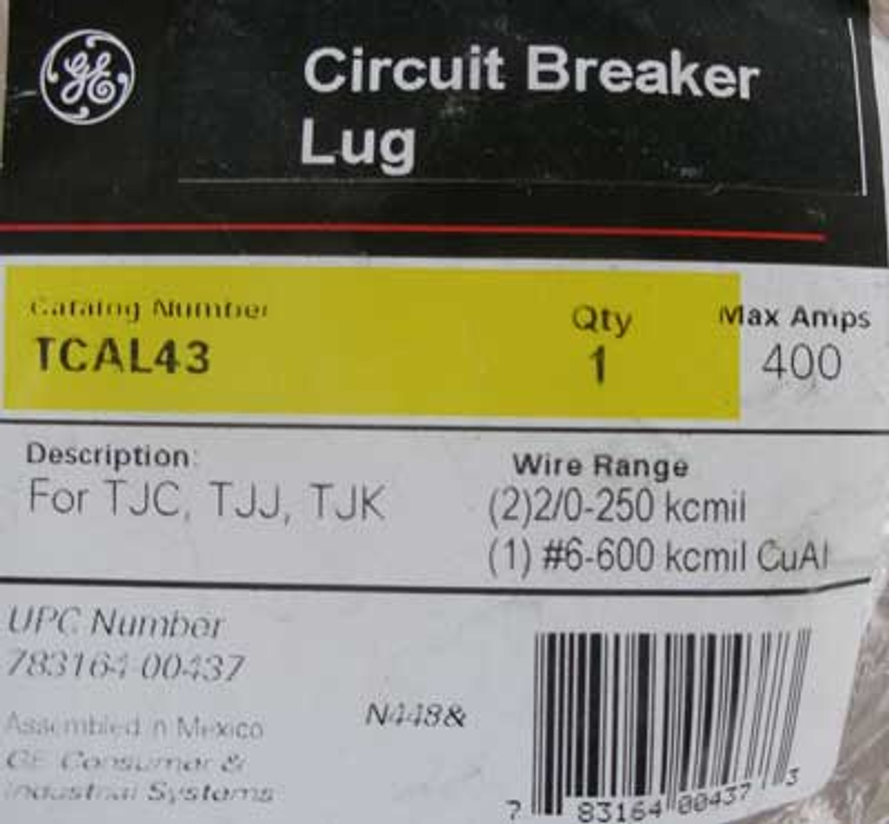 GE TCAL43 Circuit Breaker Lug Max 400 Amp For TJC, TJJ, TJK - New