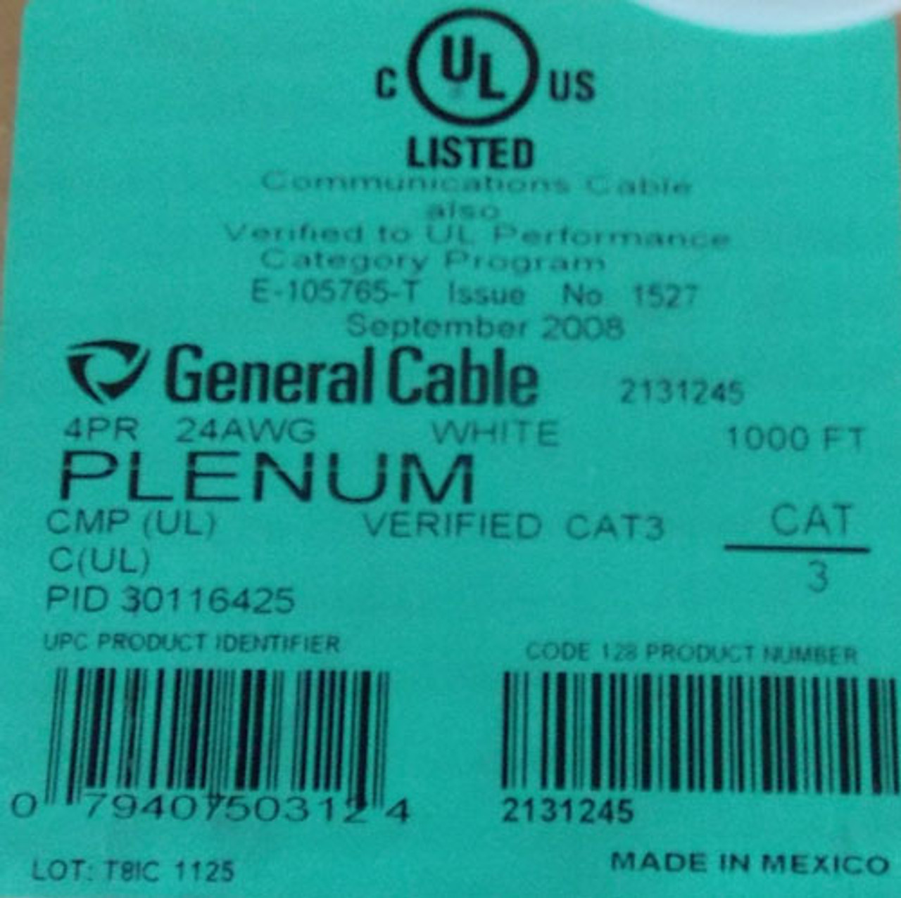 General Cable 2131245 1000' 4PR 24 AWG Cat3 Communications Cable White