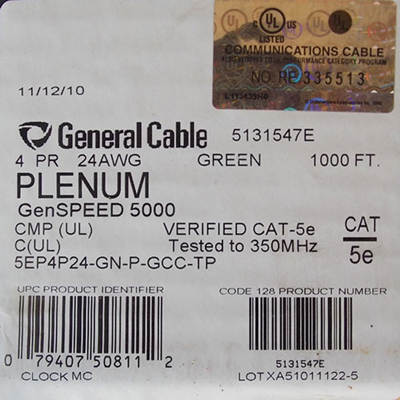 General Cable 5131547E 1000' CAT5E 4PR 24AWG Plenum GenSPEED5000 Cable - New