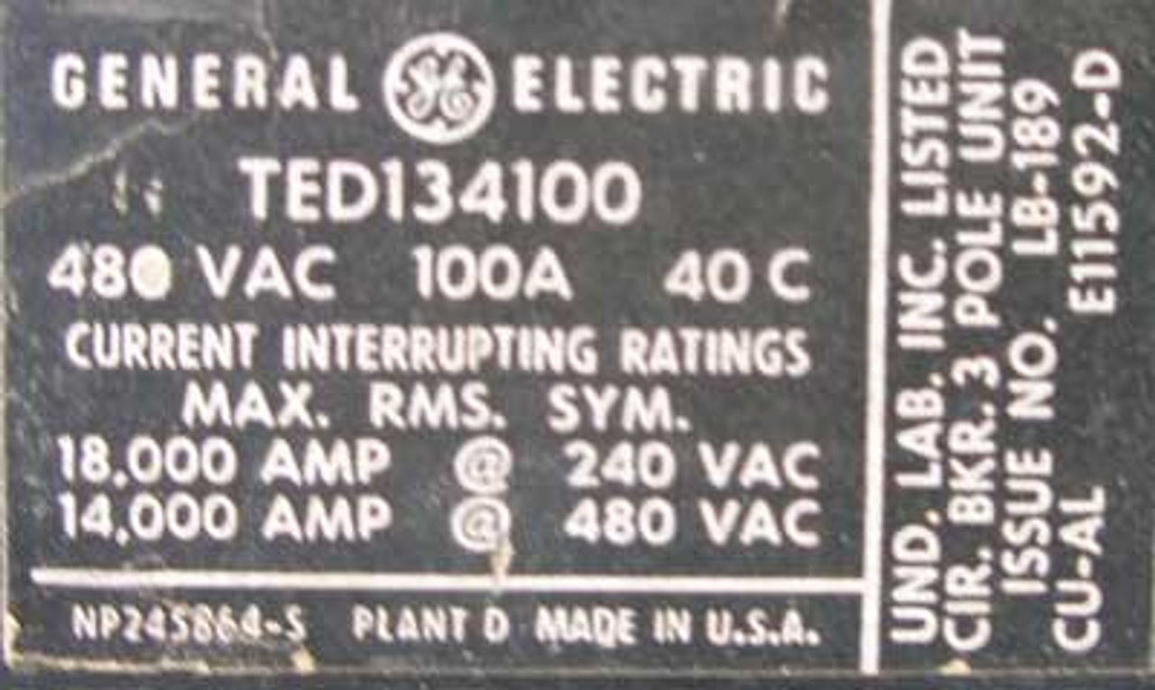 General Electric TED134100 3 Pole 100 Amp 480V Circuit Breaker Black Face - Used