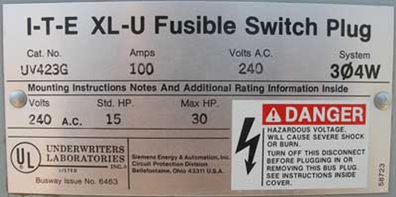 ITE Gould UV 423G Fusible Busduct Switch 100A 240V 3 Pole 4 Wire - Used