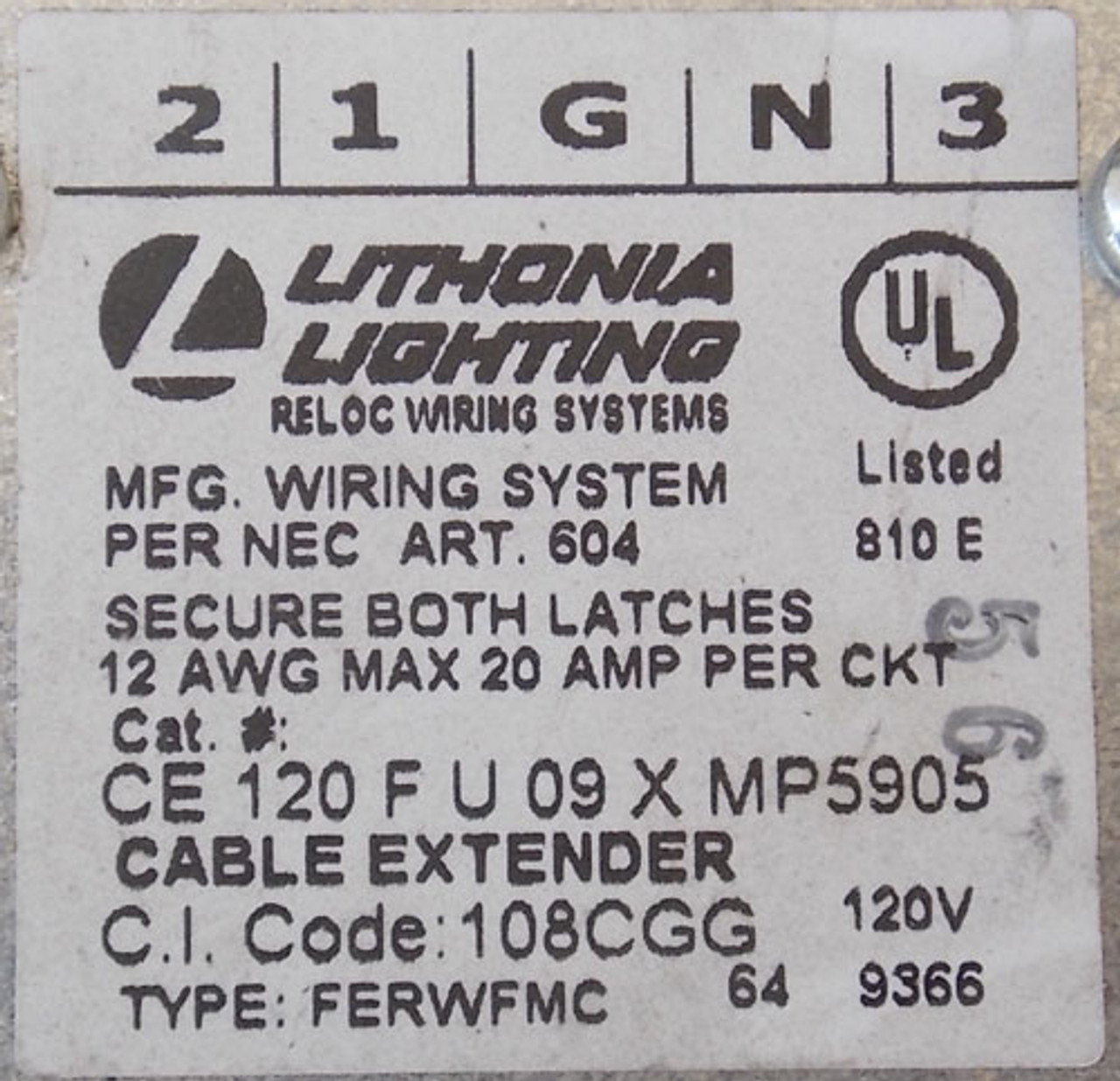 Lithonia Lighting CE 120 F U 09 X MP5905 9' Cable Extender 120V - New No Box