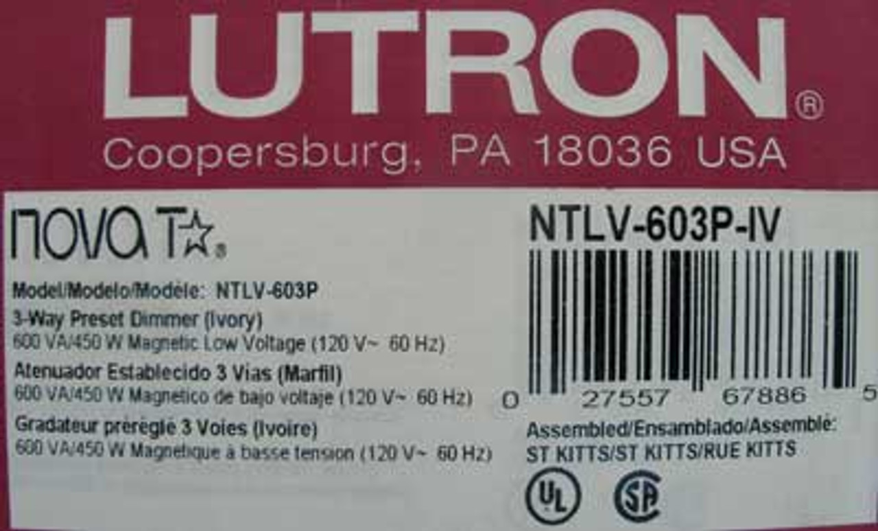 Lutron NTLV-603P-IV Nova T 3-Way Preset Dimmer 600VA/450W 120V