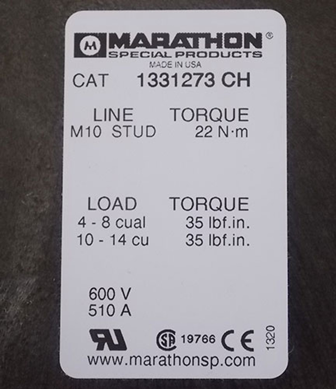 Marathon 1331273CH 1 Pole 510 Amp 600V Power Distribution Block - New