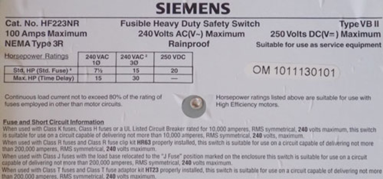 Siemens HF223NR HD Fusible Safety Switch 2P 100A 240VAC NEMA 3R - New