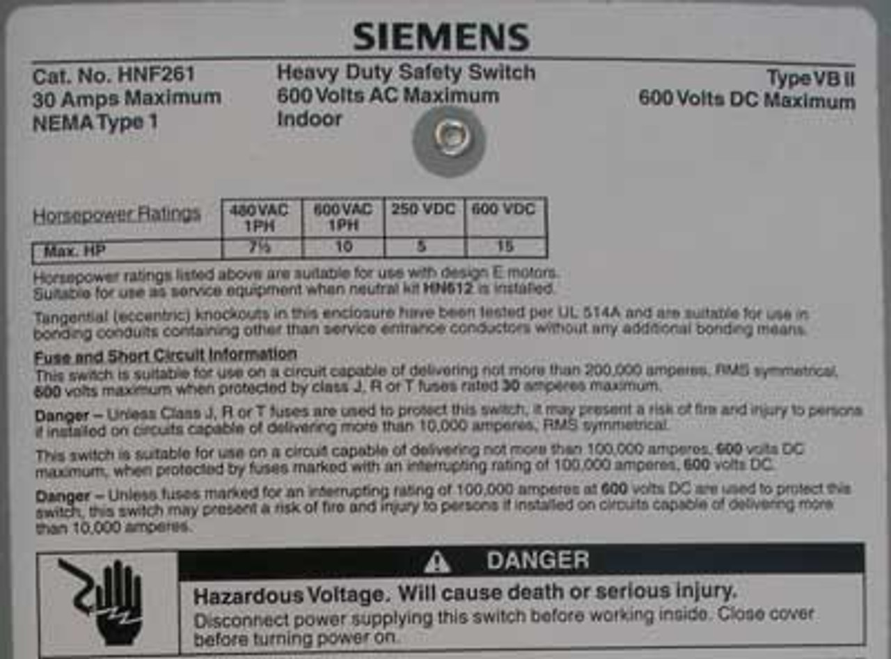 Siemens HNF261 30A 3P Heavy Duty NF Safety Switch 600V - Used