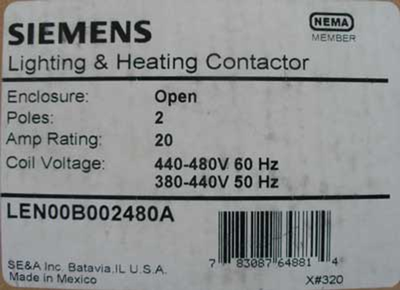 Siemens LEN00B002480A 20 Amp 480V 2 Pole Lighting Contactor Open