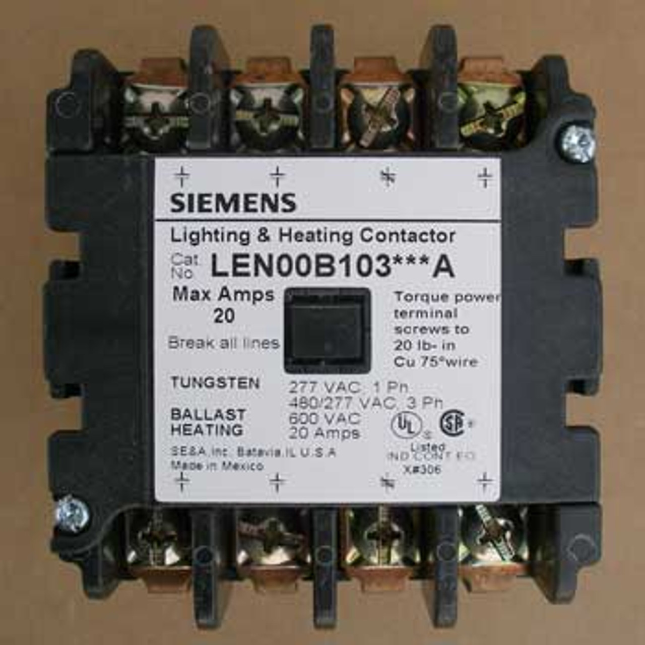 Siemens LEN00B103208A 20 Amp 4 Pole Lighting Contactor Open