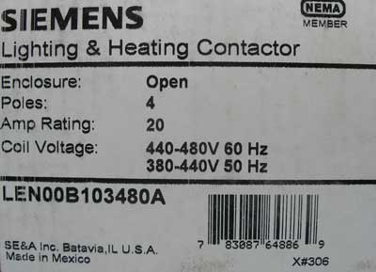 Siemens LEN00B103480A 20 Amp 480V 4 Pole Lighting Contactor Open