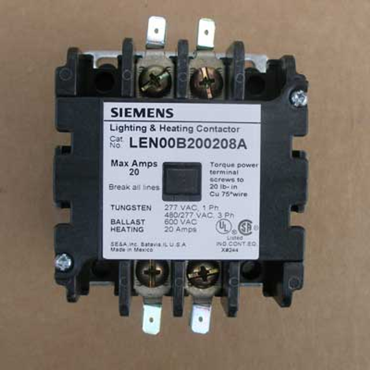 Siemens LEN00B200208A 20 Amp 2 Pole Lighting Contactor 208V Open