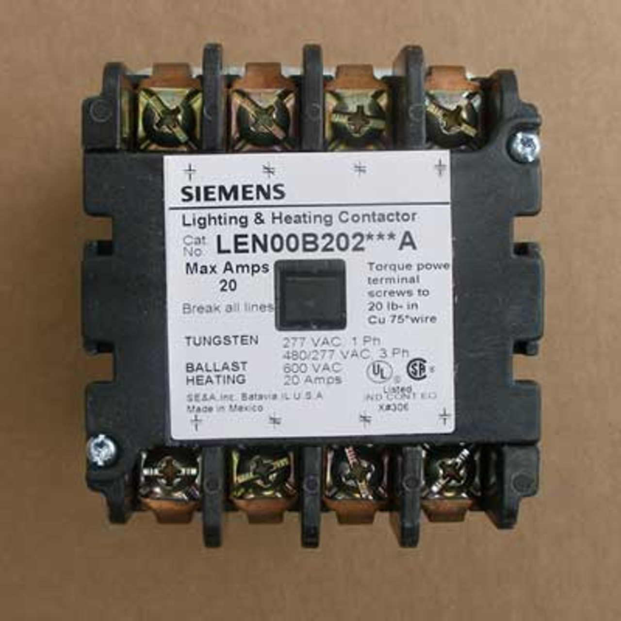 Siemens LEN00B202208A 20 Amp 4 Pole Lighting Contactor 208V Open