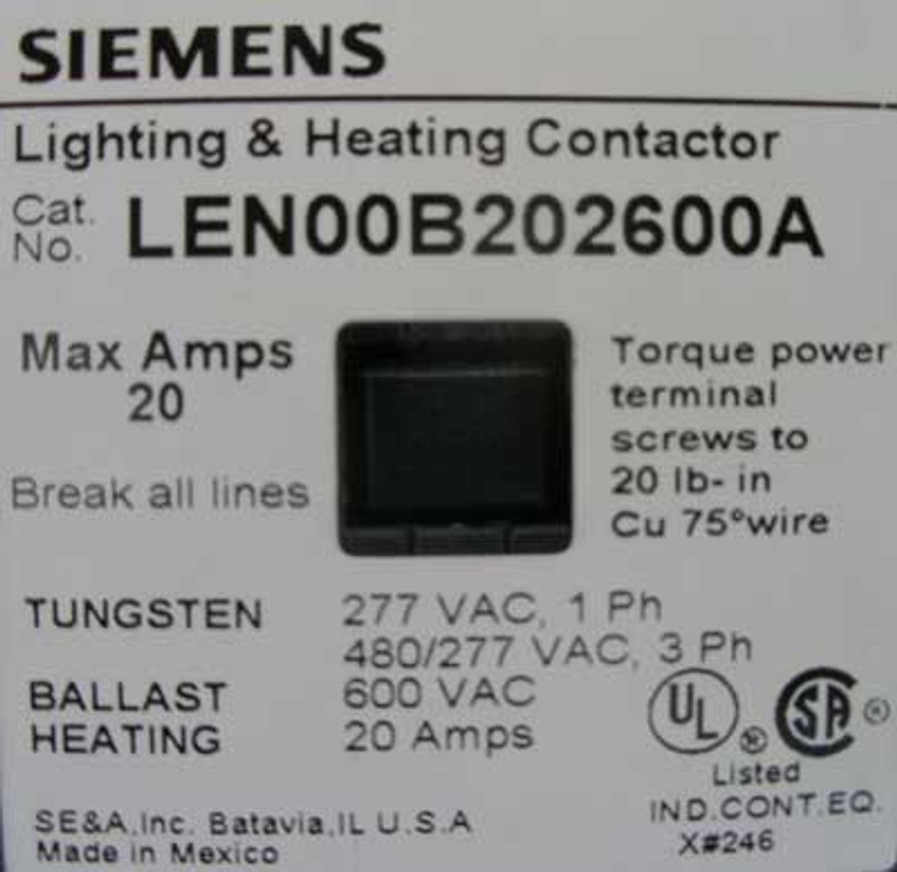 Siemens LEN00B202600A 20 Amp 4 Pole Lighting Contactor 600V Open