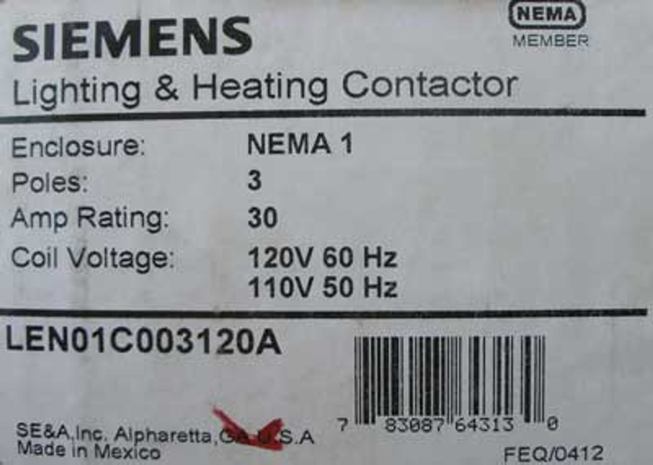 Siemens LEN01C003120A 30 Amp 3 Pole Lighting Contactor NEMA 1 - New