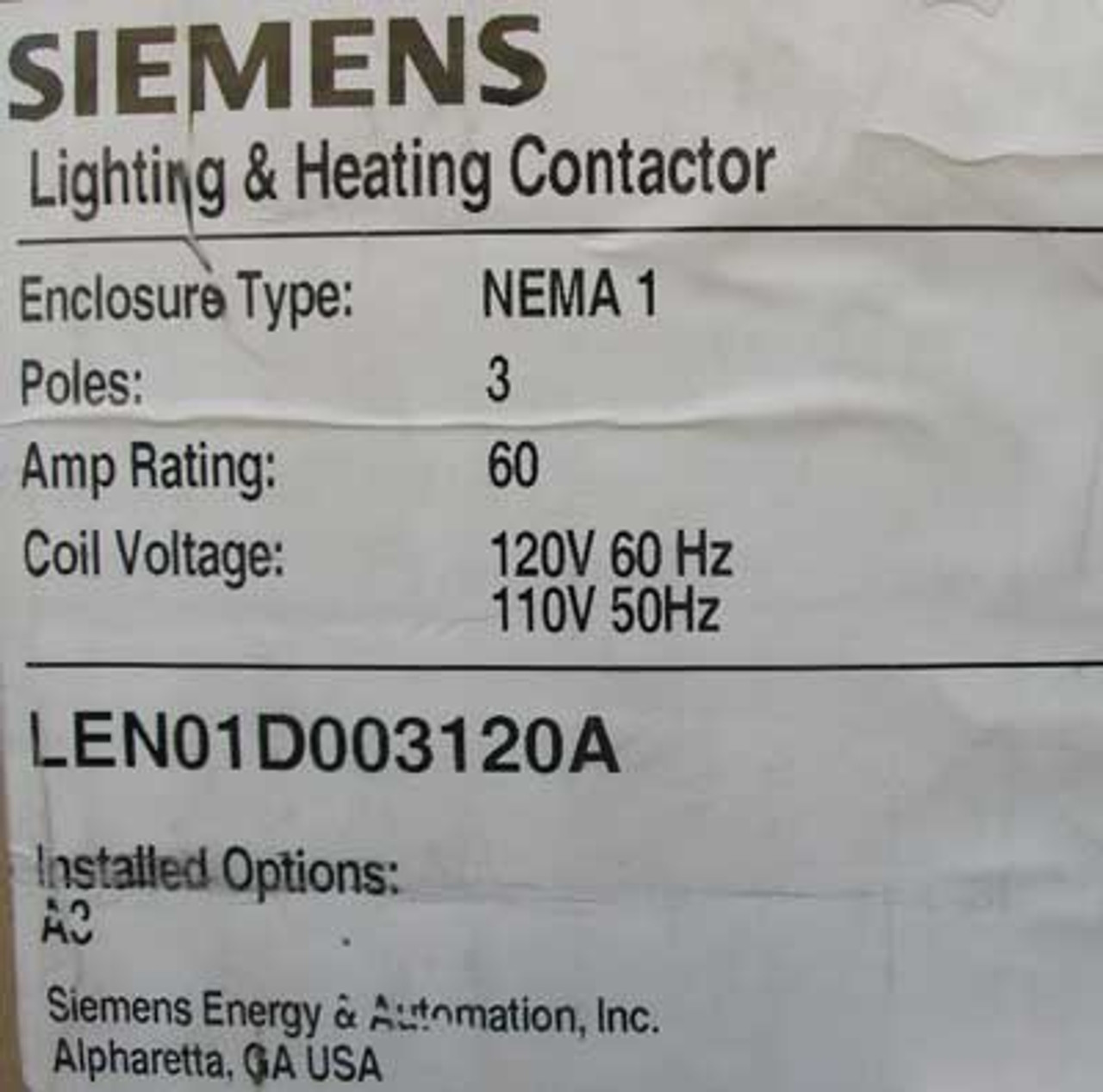 Siemens LEN01D003120A 60 Amp 120V 3 Pole Lighting Contactor NEMA 1 - New