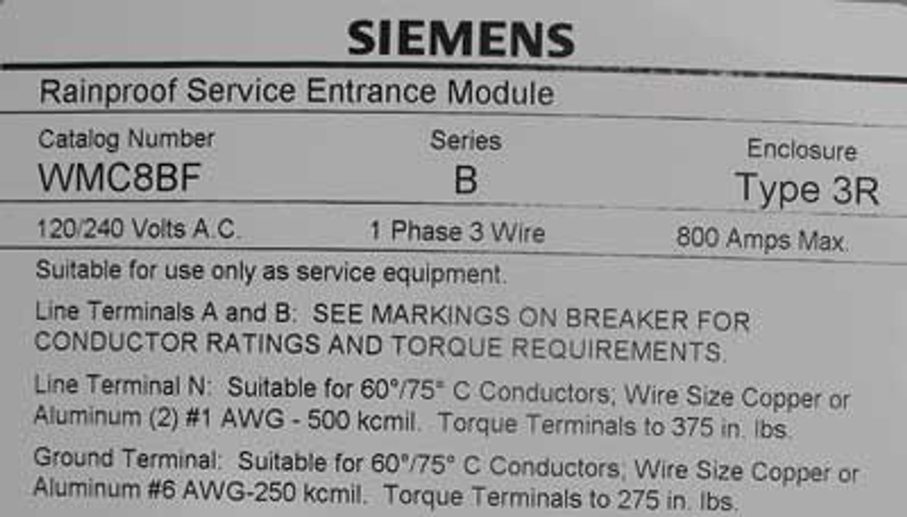 Siemens WMC8BF 800A 120/240V 65K 1PH 3W Circuit Breaker Module N3R - New