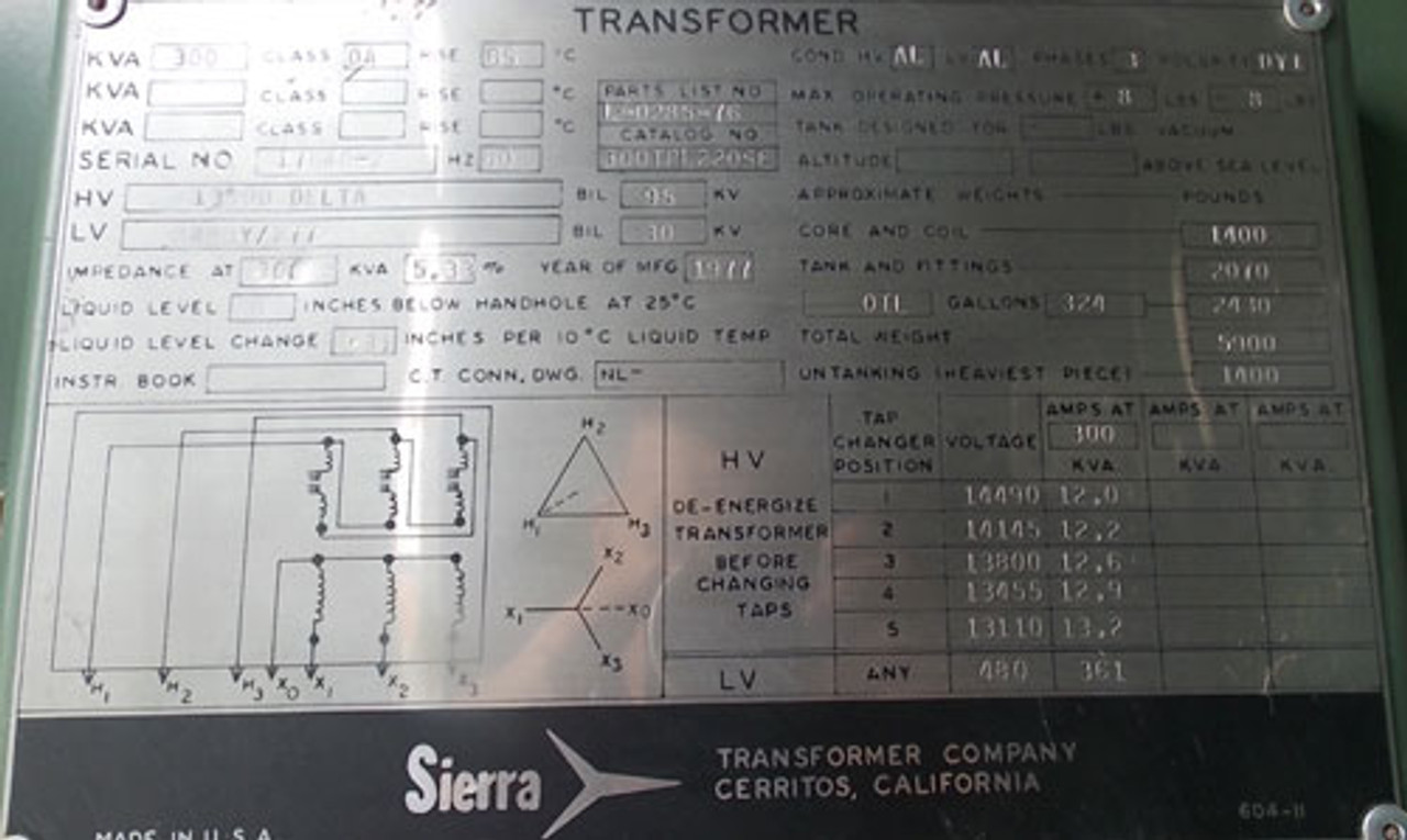 Sierra 17640-2 300KVA 13800V to 480Y/277V 3Ph Oil Filled Transformer N3R - Used - CALL FOR QUOTE