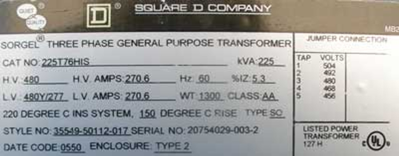 Square D 225T76HIS 225 KVA 480 to 480Y/277V 3 Phase Transformer - Reconditioned