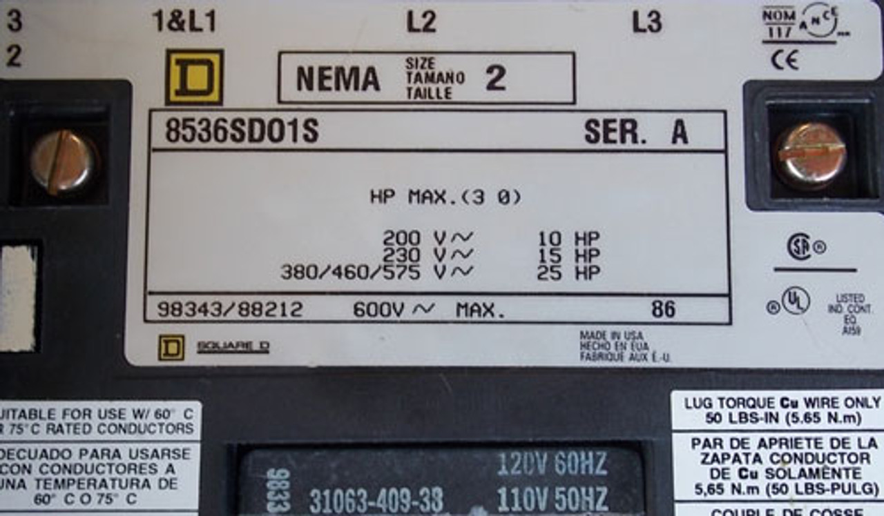 Square D 8538-SDA21V02 Size 2 Combo Motor Starter 3PH 60A 120V N3R/12