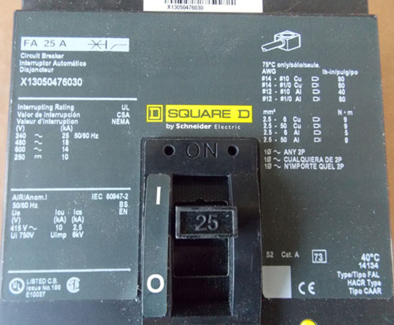 Square D FAL360251588 3 Pole 25A 600V MC Circuit Breaker - New