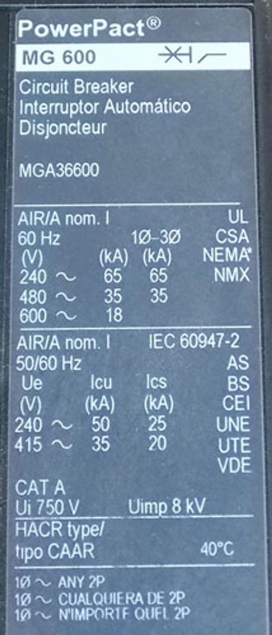 Square D MGA36600 3 Pole 600 Amp 600 VAC Circuit Breaker - NPO