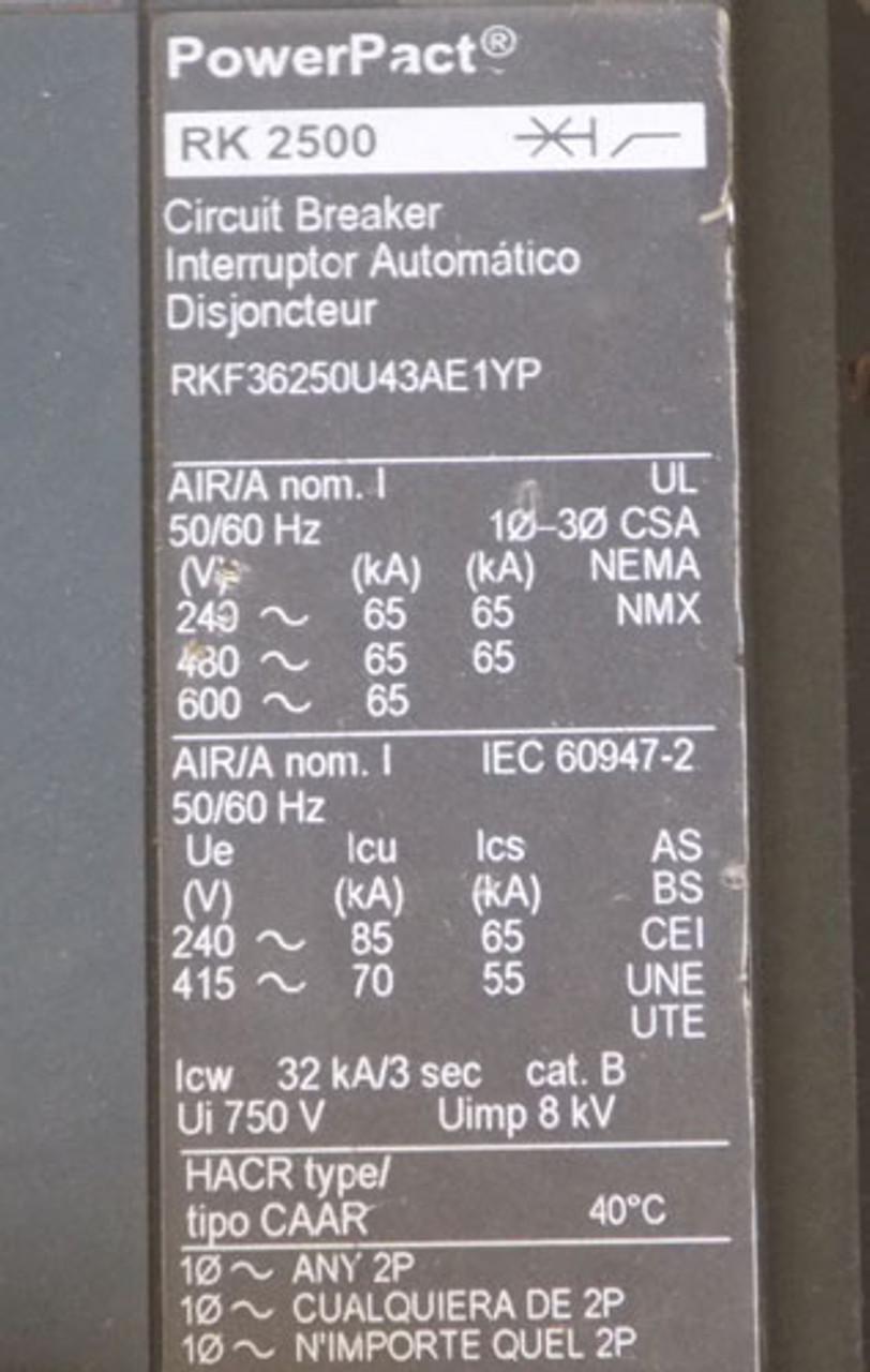 Square D RK 2500 RKF36250U43AE1YP 2500A 600V 3P Circuit Breaker - Used