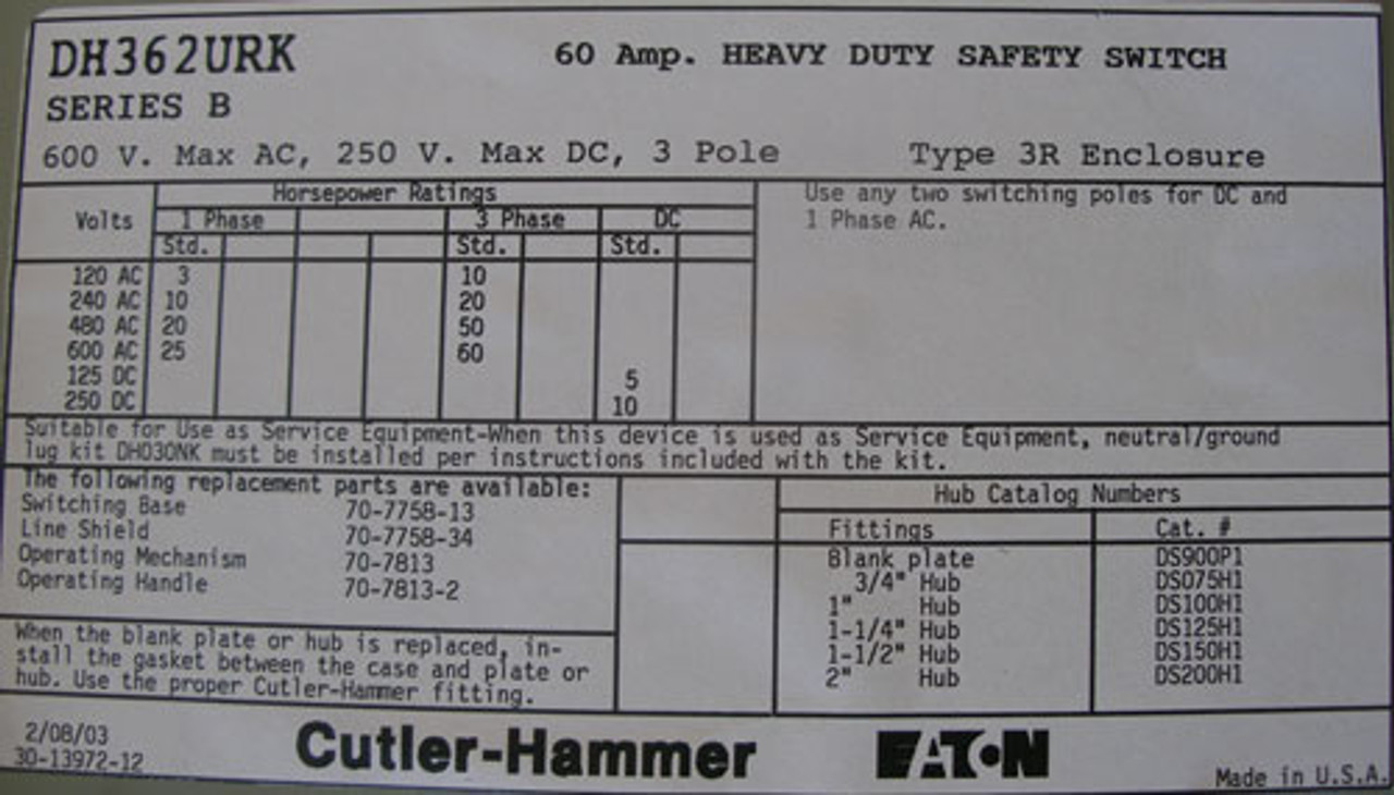 Eaton Cutler Hammer DH362URK Heavy Duty Non-Fusible Safety Switch 3P 60A 600VAC Nema 3R - New