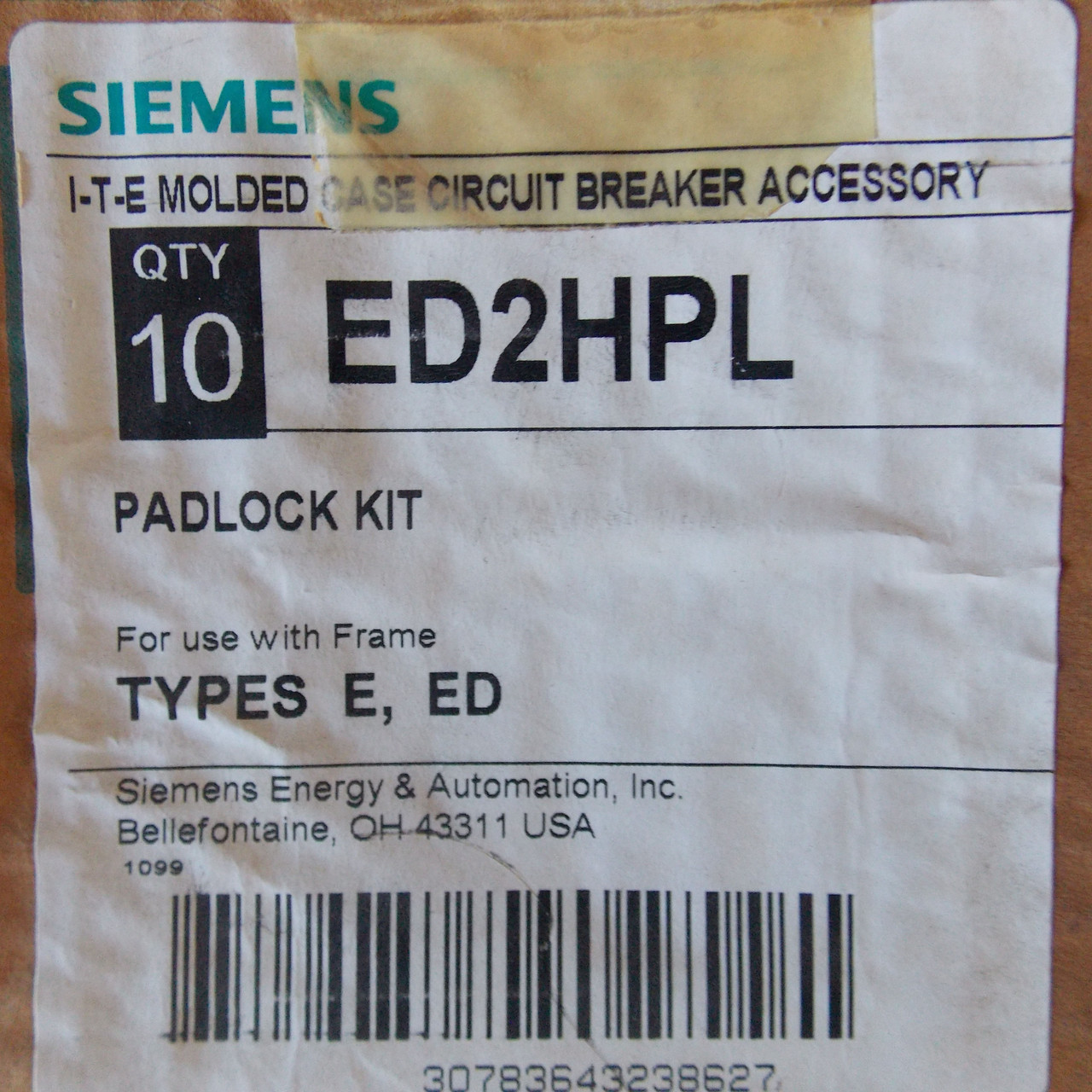 Siemens ED2HPL Padlock Kit, For use with Frame Types E, ED - New