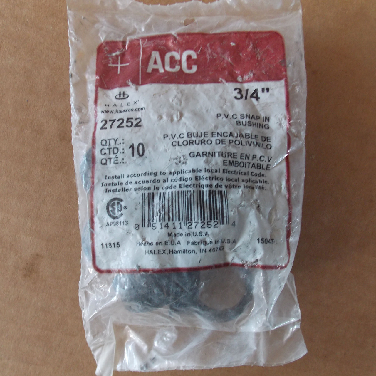 Halex ACC 27252 P.V.C. Snap In Bushing, 3/4", 10 Pack - New