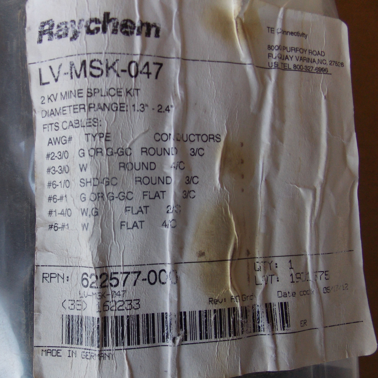 Raychem LV-MSK-047 2 KV Mine Splice Kit for Cables - New