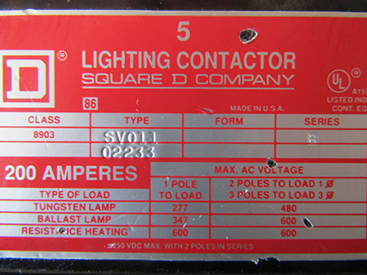 Square D 8903 SV011 Lighting Contactor 200 Amp 3 Pole 480V Coil - Used