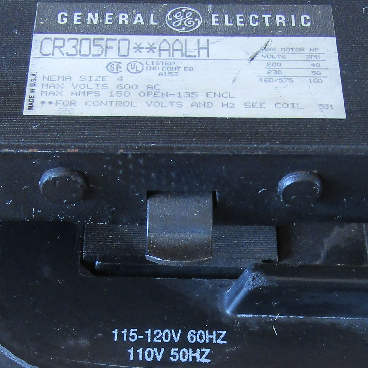 General Electric CR305F0**AALH SZ 4 Magnetic Contactor 150A 3PH 115-120V Coil - Used