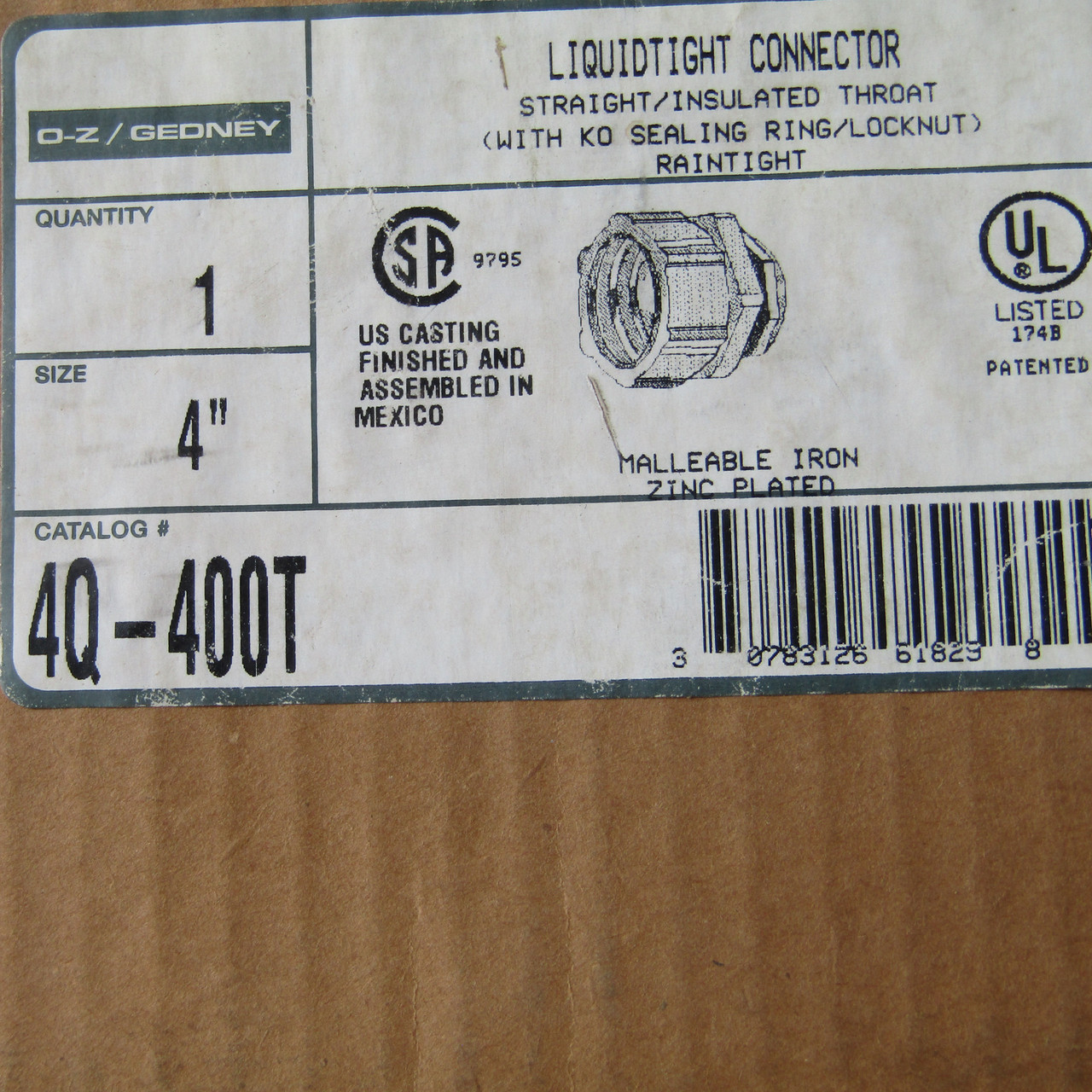 Oz Gedney 4Q-400T 4" Liquidtight Straight/Insulated Throat Connector - New