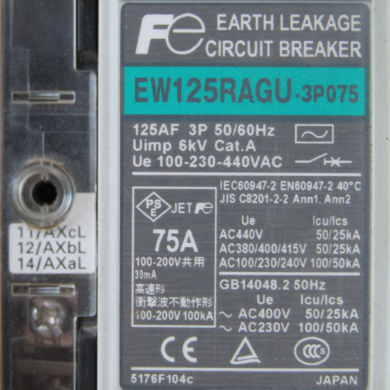 Fuji EW125RAGU-3P075 3 Pole 75 Amp Earth Leakage Circuit Breaker - Used